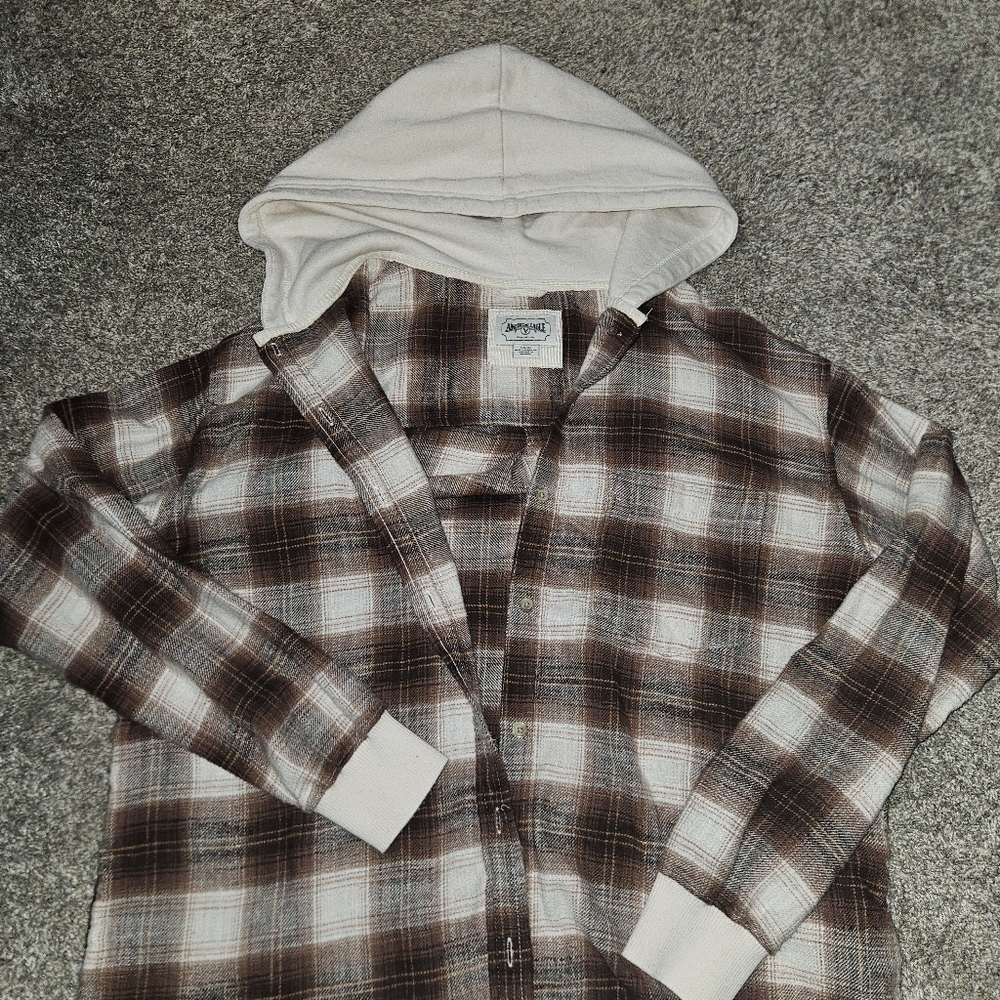 AMERICAN EAGLE Brown Plaid Hooded Shirt